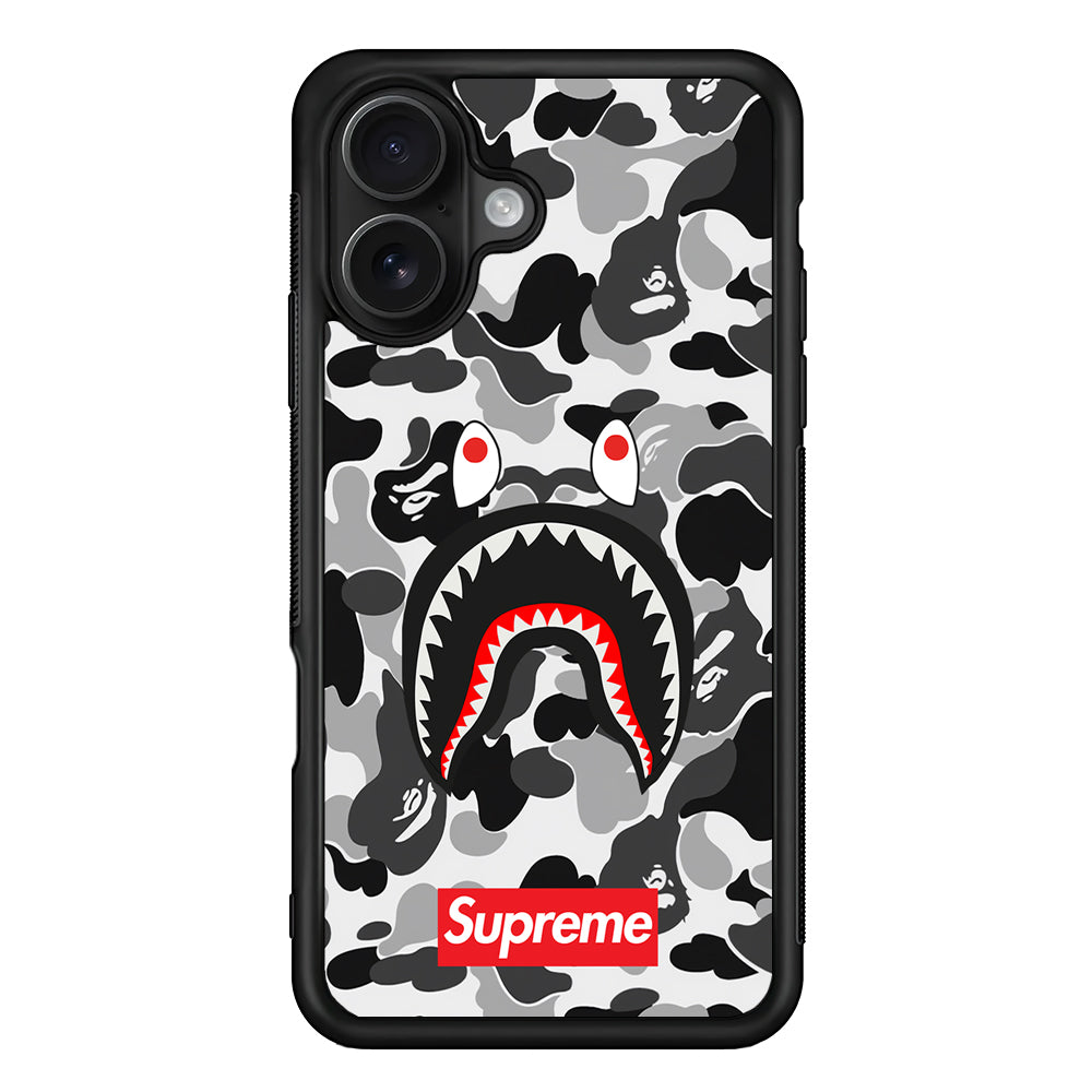 Bape Supreme Black Camo iPhone 16 Case | Slim Rubber Case for iPhone 16