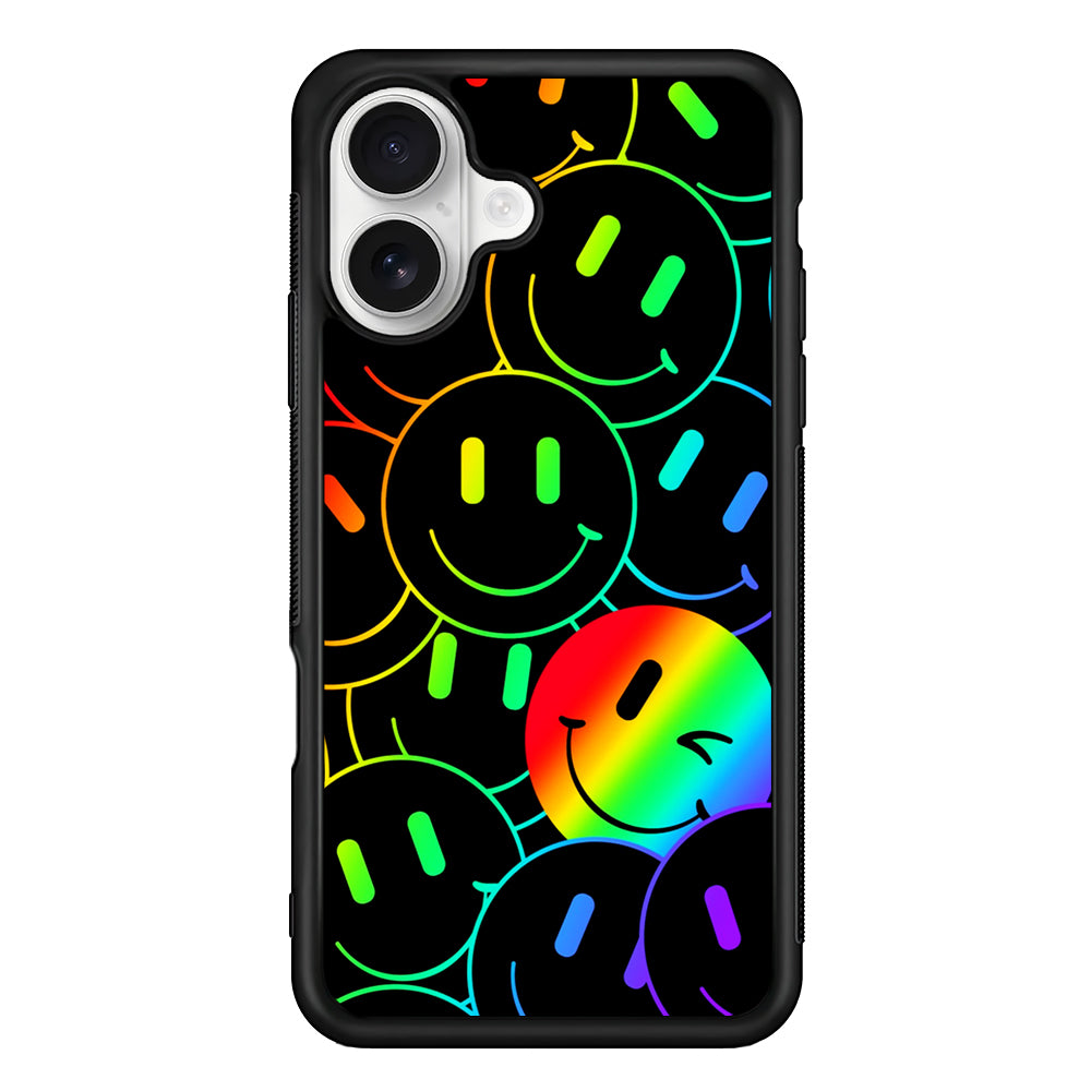 Dark Rainbow Smiley Face iPhone 16 Plus Case | Durable Protective Rubber Cover