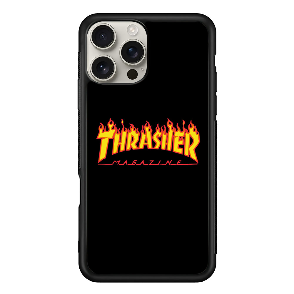 Thrasher Magazine Black Simple Fire iPhone 16 Pro Max Case | Slim Rubber Case for iPhone 16 Pro Max