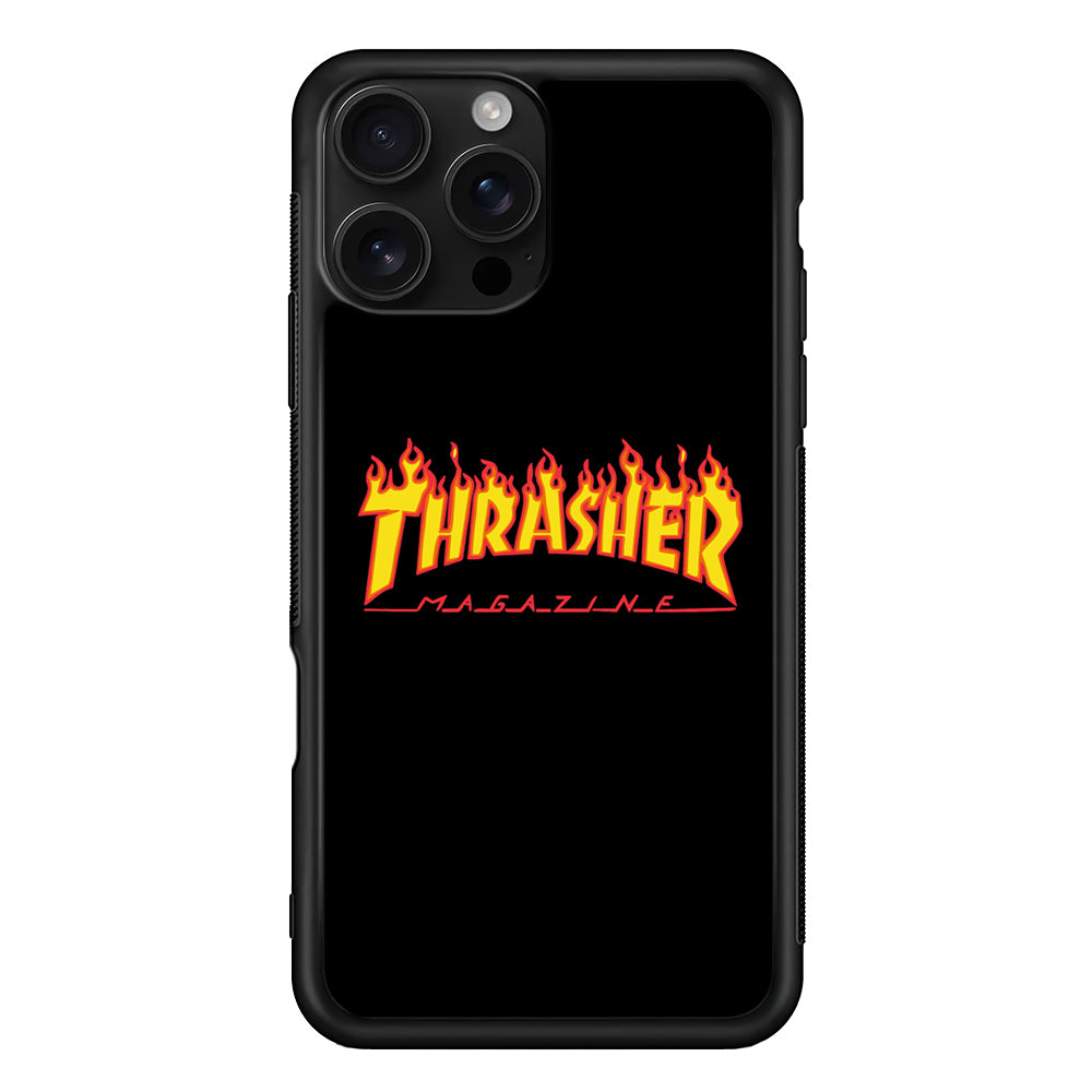 Thrasher Magazine Black Simple Fire iPhone 16 Pro Case | Slim Rubber Case for iPhone 16 Pro