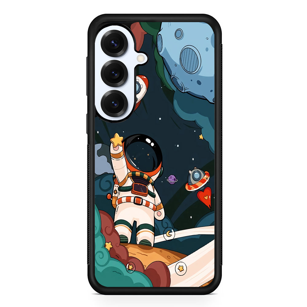 Cartoon Astronaut Holding Up a Star Samsung Galaxy S25 Plus Case | Slim Rubber Cover for Samsung Galaxy S25 Plus