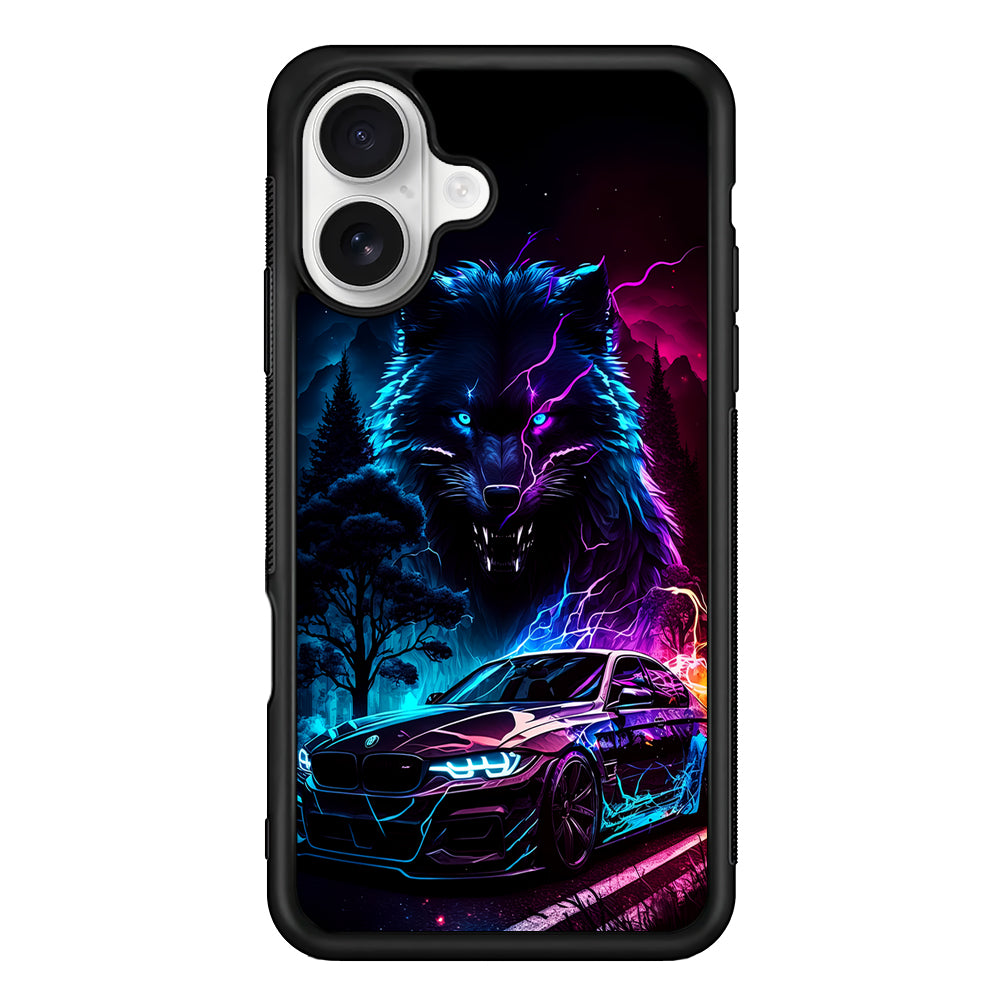 Neon Wolf and Car Northern iPhone 16 Plus Case | Durable Protective Rubber Cover