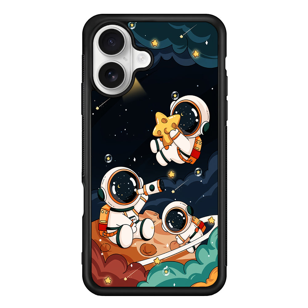 Three Astronauts Playing on a Planet iPhone 16 Plus Case | Durable Protective Rubber Cover