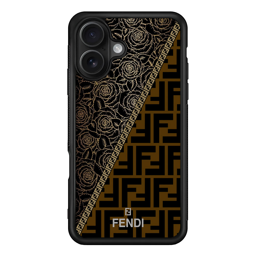 Fendi Slices Black Rose iPhone 16 Case | Slim Rubber Case for iPhone 16