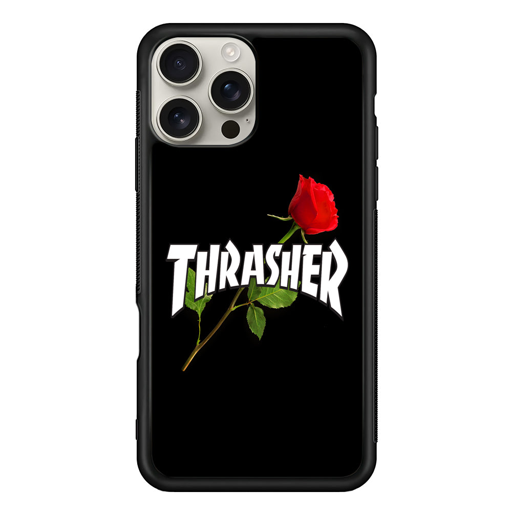 Thrasher Black Rose Flower iPhone 16 Pro Max Case | Slim Rubber Case for iPhone 16 Pro Max