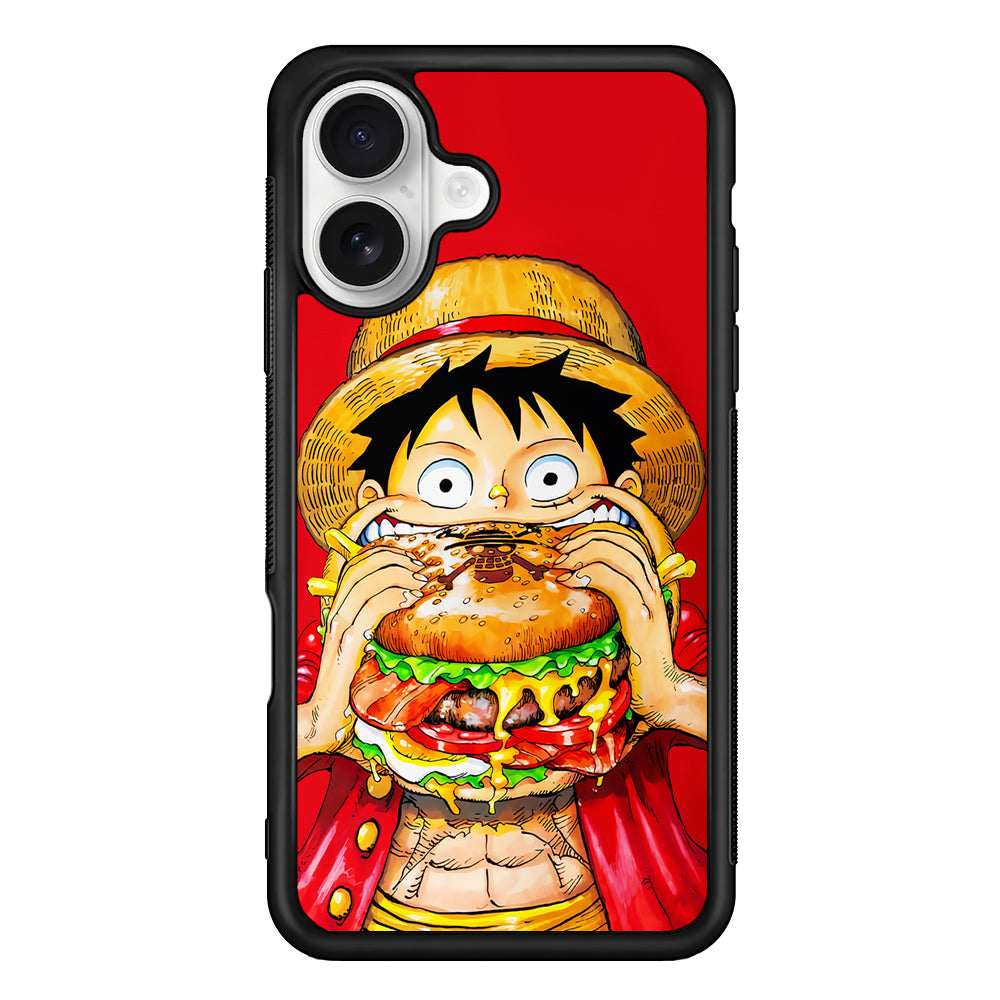Monkey D Luffy Eating a Burger iPhone 16 Plus Case | Durable Protective Rubber Cover