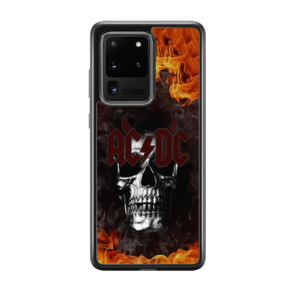 ACDC White Skull on Fire Samsung Galaxy S20 Ultra Case-Rubber Black (2D Case)-Oxvistore