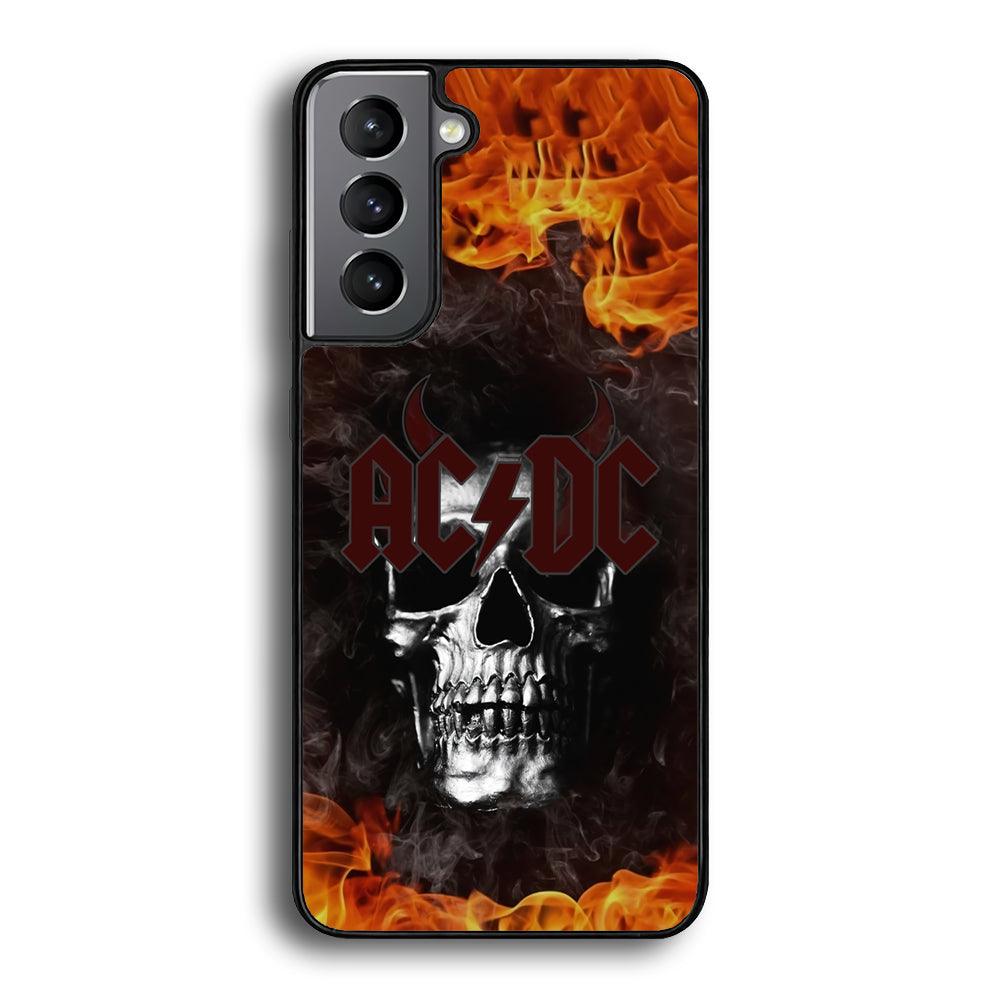 ACDC White Skull on Fire Samsung Galaxy S23 Case-Rubber Black (2D Case)-Oxvistore