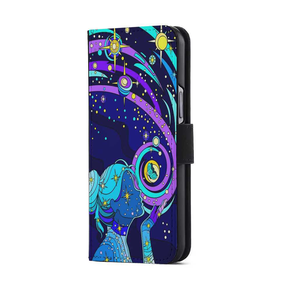 A Woman Blowing Kisses to Planets Flip Wallet Phone Case