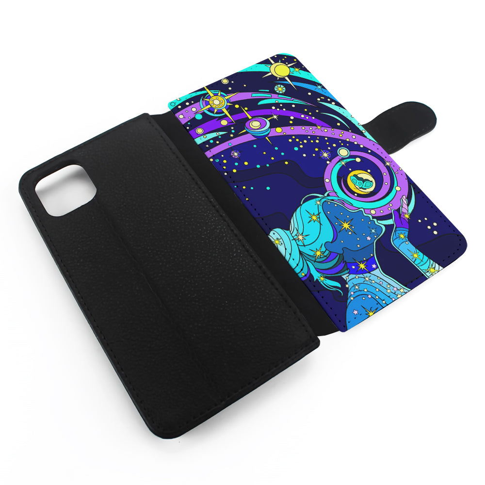 A Woman Blowing Kisses to Planets Flip Wallet Phone Case