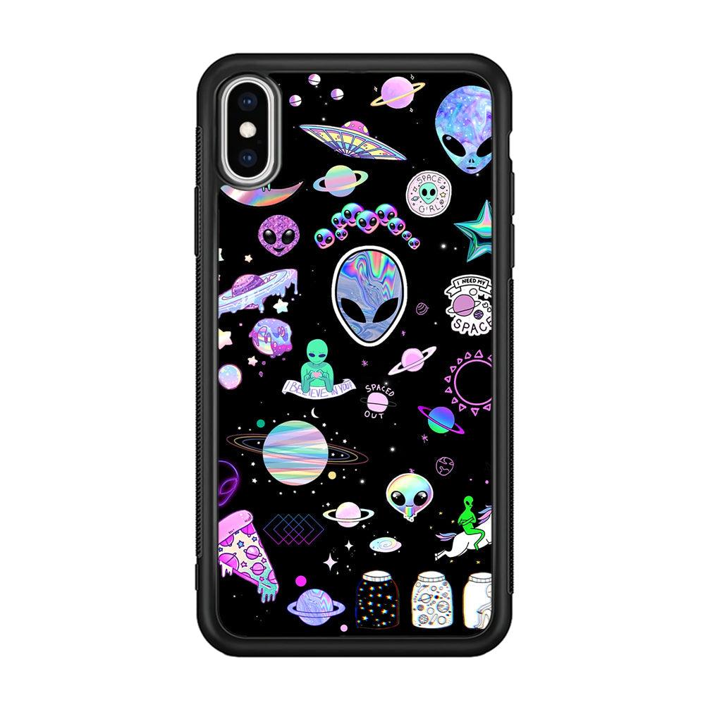Alien Sticker Space Theme iPhone XS Case-Rubber Black (2D Case)-Oxvistore
