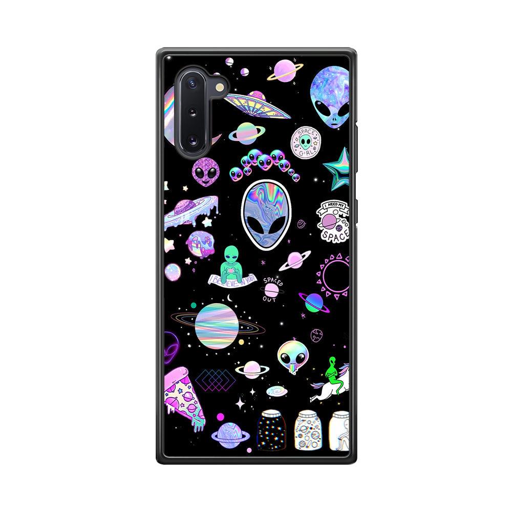 Alien Sticker Space Theme Samsung Galaxy Note 10 Case-Rubber Black (2D Case)-Oxvistore