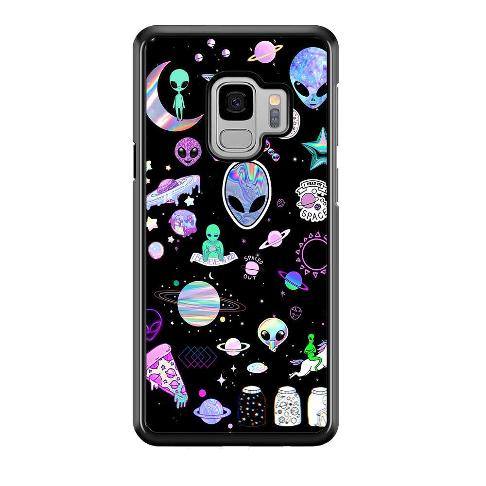 Alien Sticker Space Theme Samsung Galaxy S9 Case-Rubber Black (2D Case)-Oxvistore