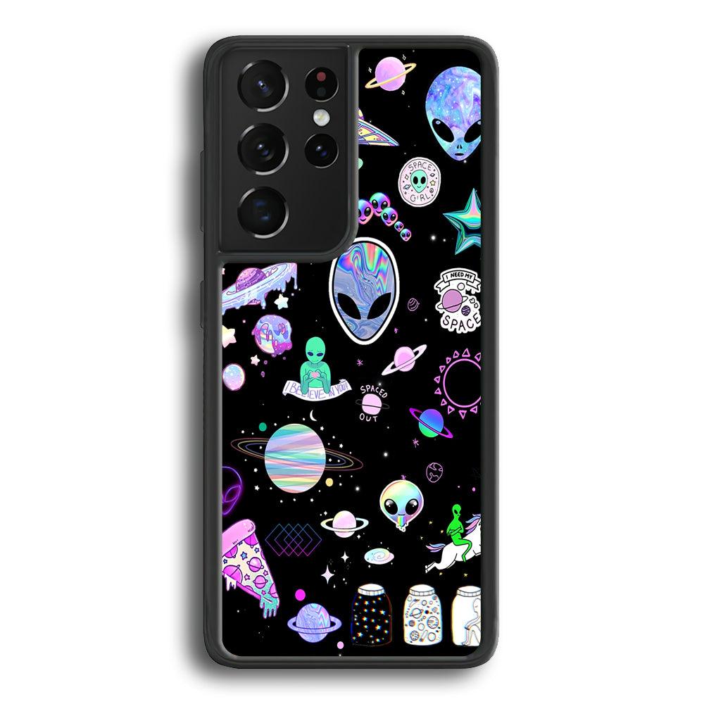 Alien Sticker Space Theme Samsung Galaxy S23 Ultra Case-Rubber Black (2D Case)-Oxvistore