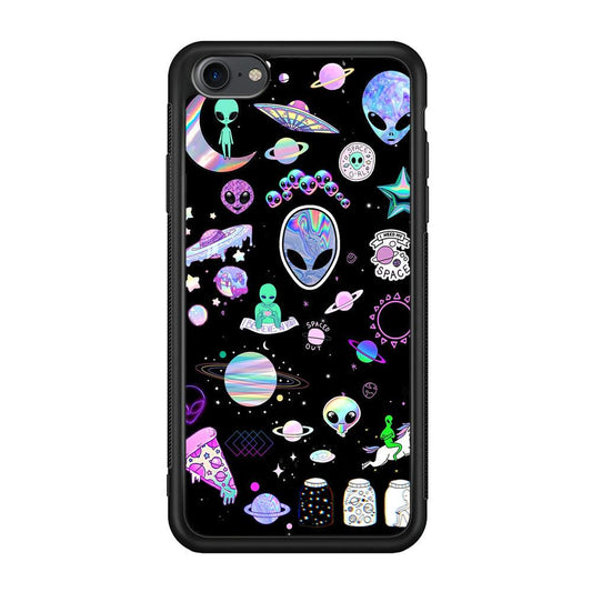 Alien Sticker Space Theme iPhone 8 Case-Rubber Black (2D Case)-Oxvistore