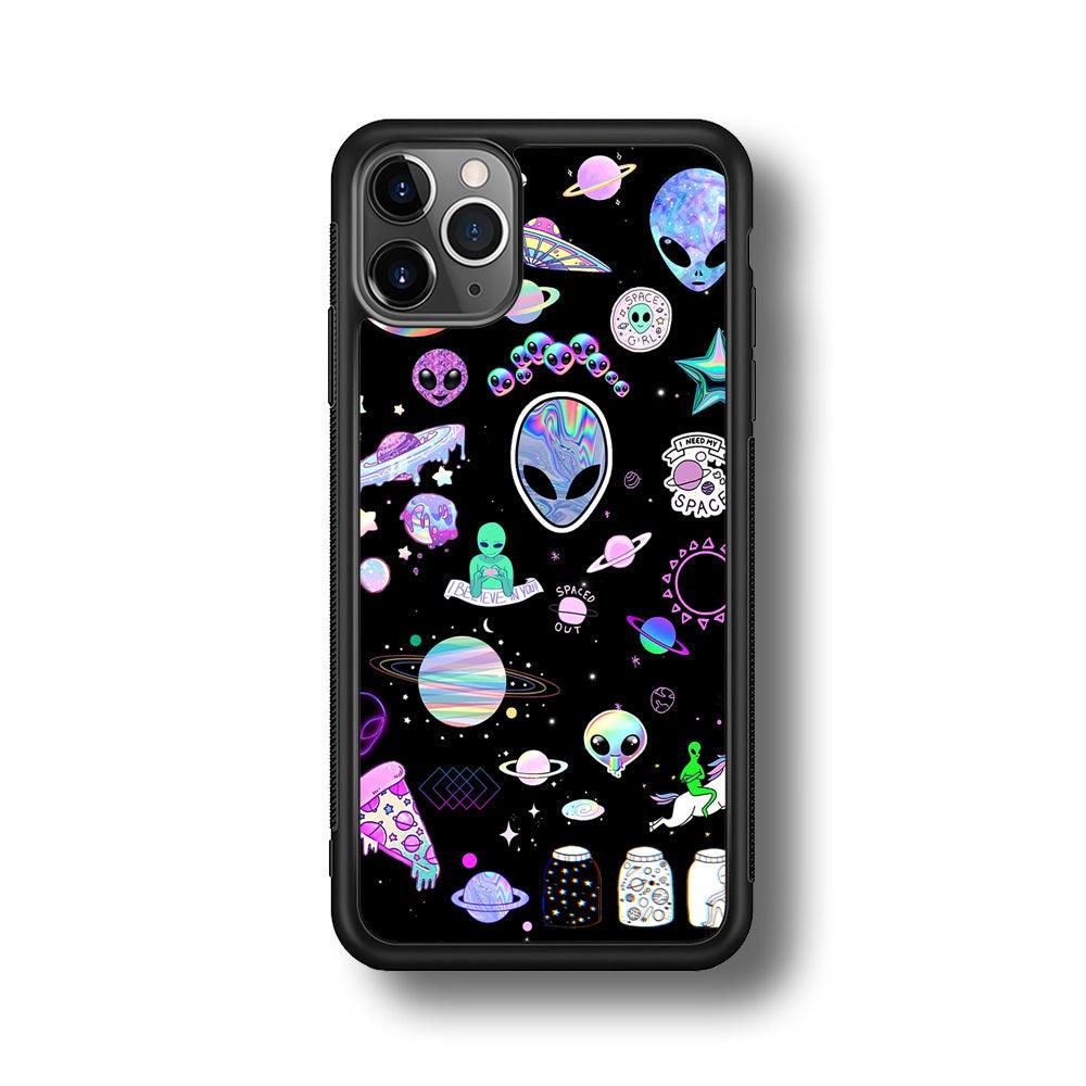 Alien Sticker Space Theme iPhone 11 Pro Case-Rubber Black (2D Case)-Oxvistore