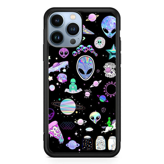 Alien Sticker Space Theme iPhone 13 Pro Max Case-Rubber Black (2D Case)-Oxvistore