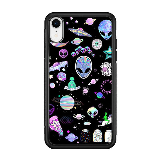 Alien Sticker Space Theme iPhone XR Case-Rubber Black (2D Case)-Oxvistore