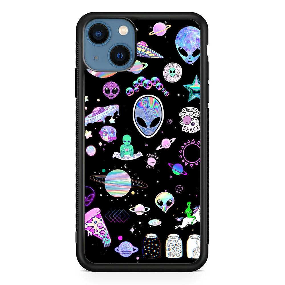 Alien Sticker Space Theme iPhone 13 Case-Rubber Black (2D Case)-Oxvistore
