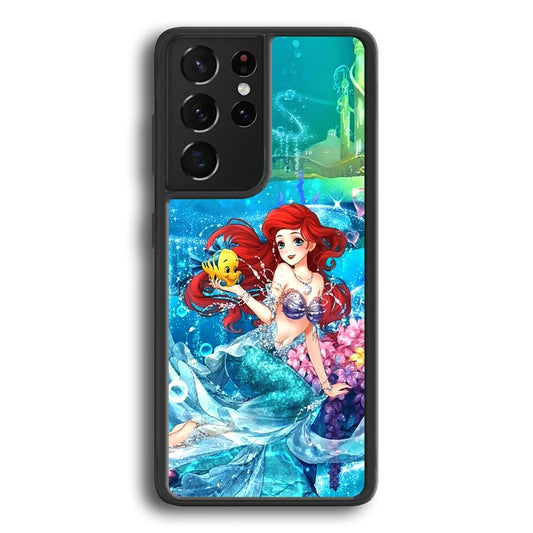 Ariel The Princess Sparkling Blue Water Samsung Galaxy S22 Ultra Case-Rubber Black (2D Case)-Oxvistore