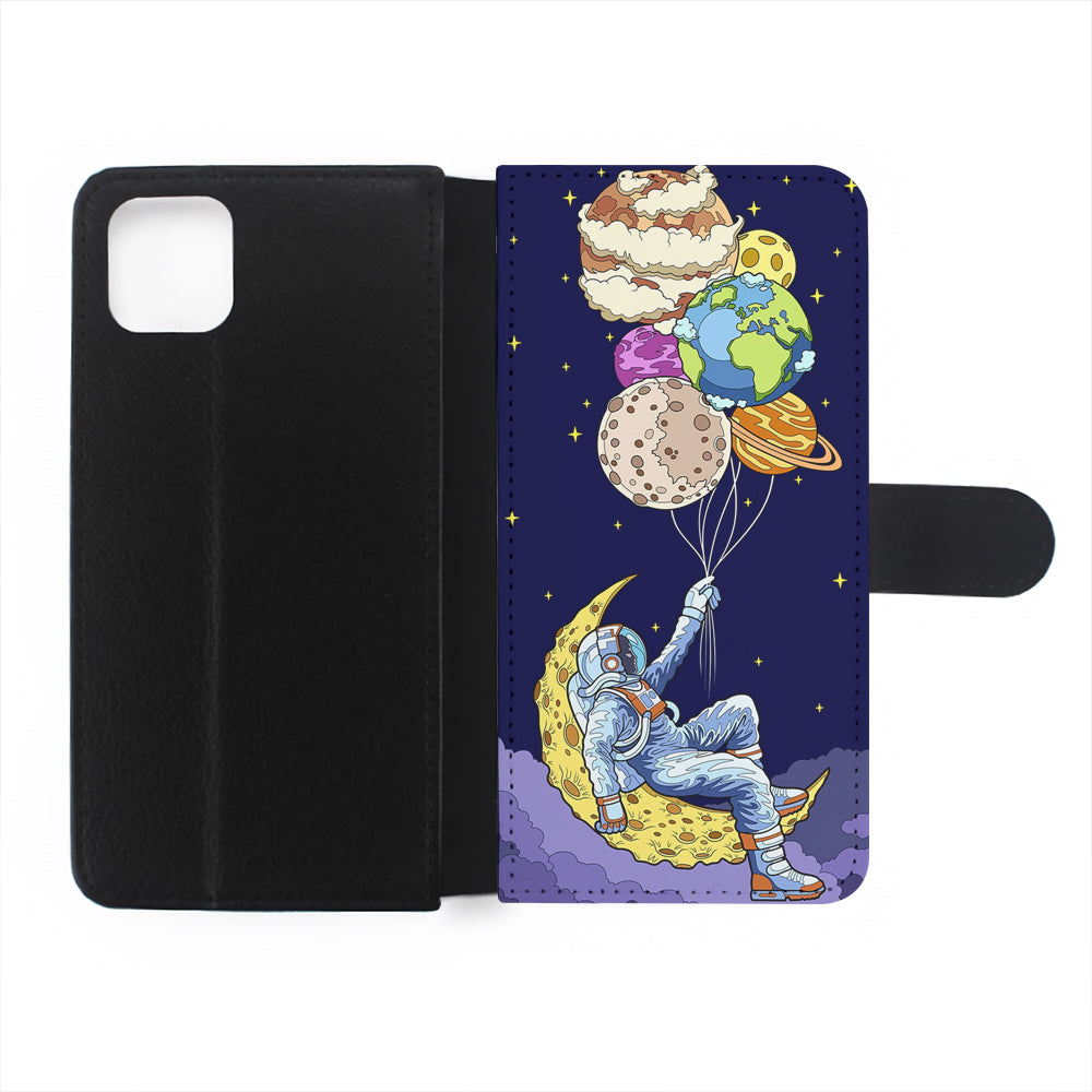 Astronaut Relaxing Holding Planet Flip Wallet Phone Case