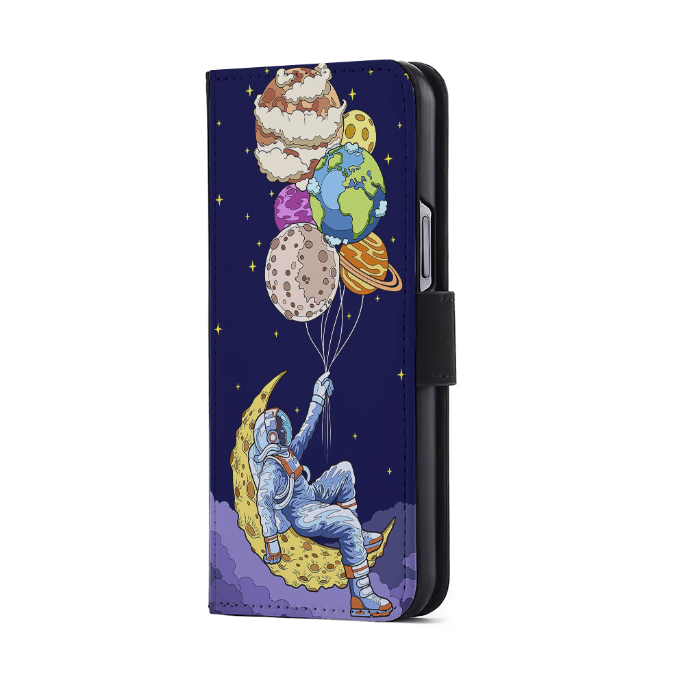 Astronaut Relaxing Holding Planet Flip Wallet Phone Case