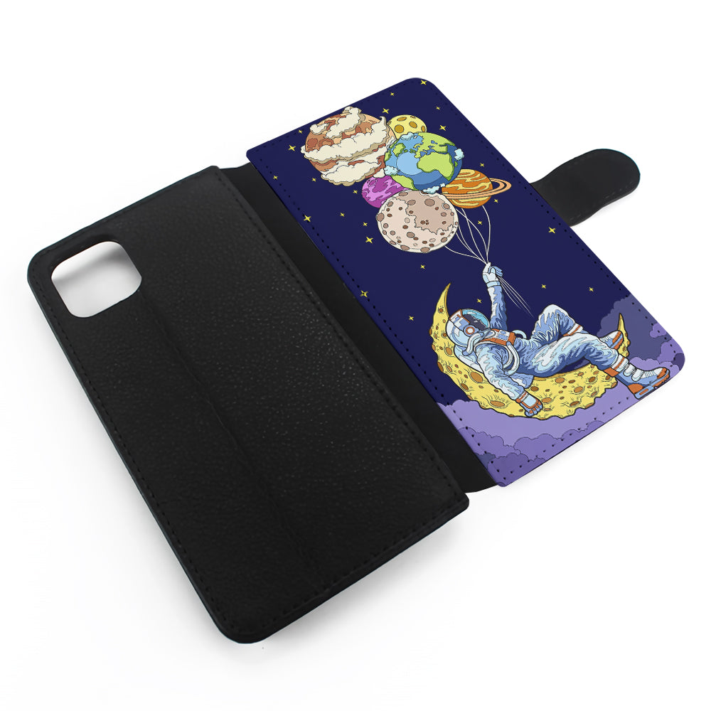 Astronaut Relaxing Holding Planet Flip Wallet Phone Case