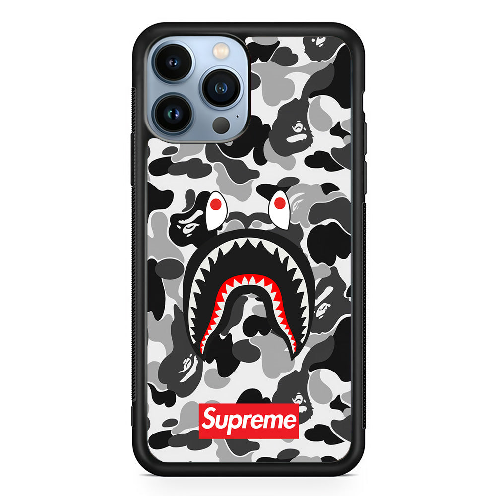 Bape Supreme Black Camo iPhone 13 Pro Case-Rubber Black (2D Case)-Oxvistore