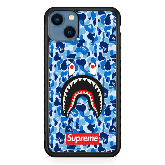 Bape Supreme Blue Camo iPhone 14 Plus Case-Rubber White (2D Case)-Oxvistore