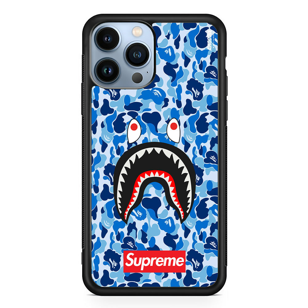 Bape Supreme Blue Camo iPhone 15 Pro Max Case-Rubber White (2D Case)-Oxvistore