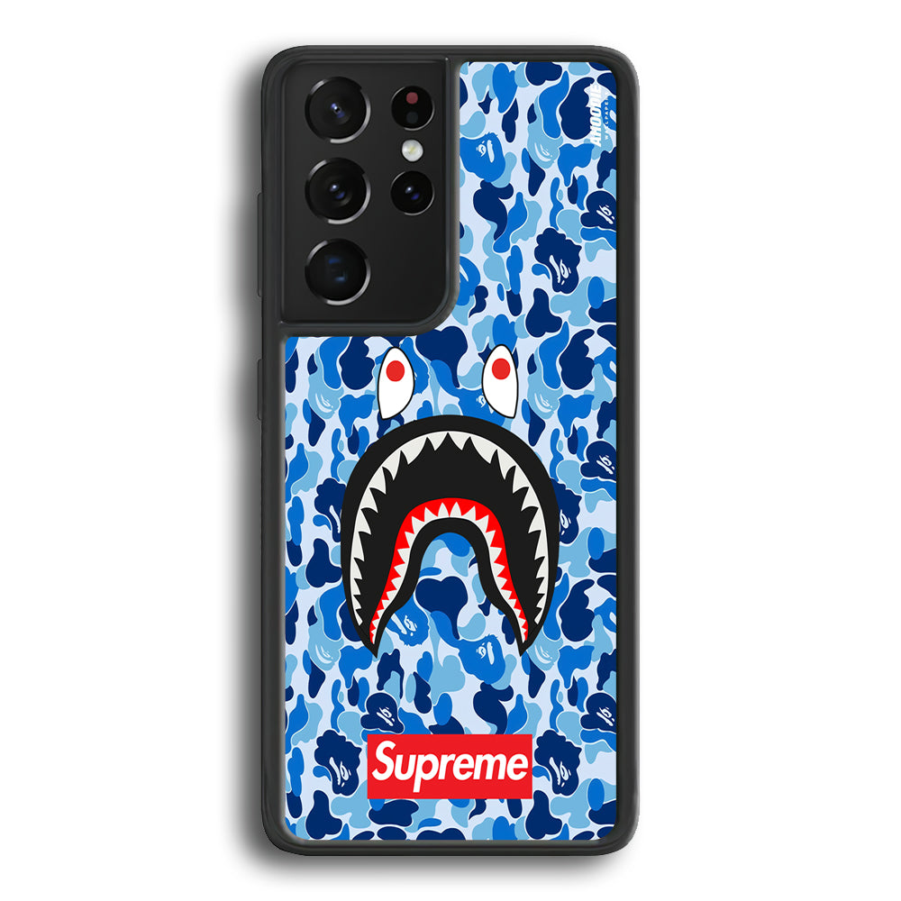 Bape Supreme Blue Camo Samsung Galaxy S21 Ultra Case-Rubber White (2D Case)-Oxvistore