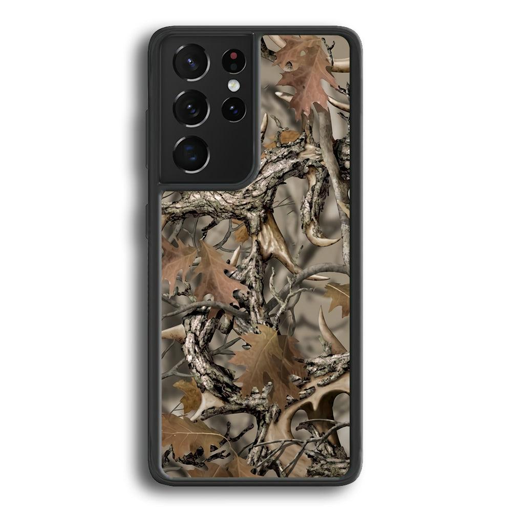 Camo Dry Leaves and Deer Horns Samsung Galaxy S21 Ultra Case-Rubber Black (2D Case)-Oxvistore