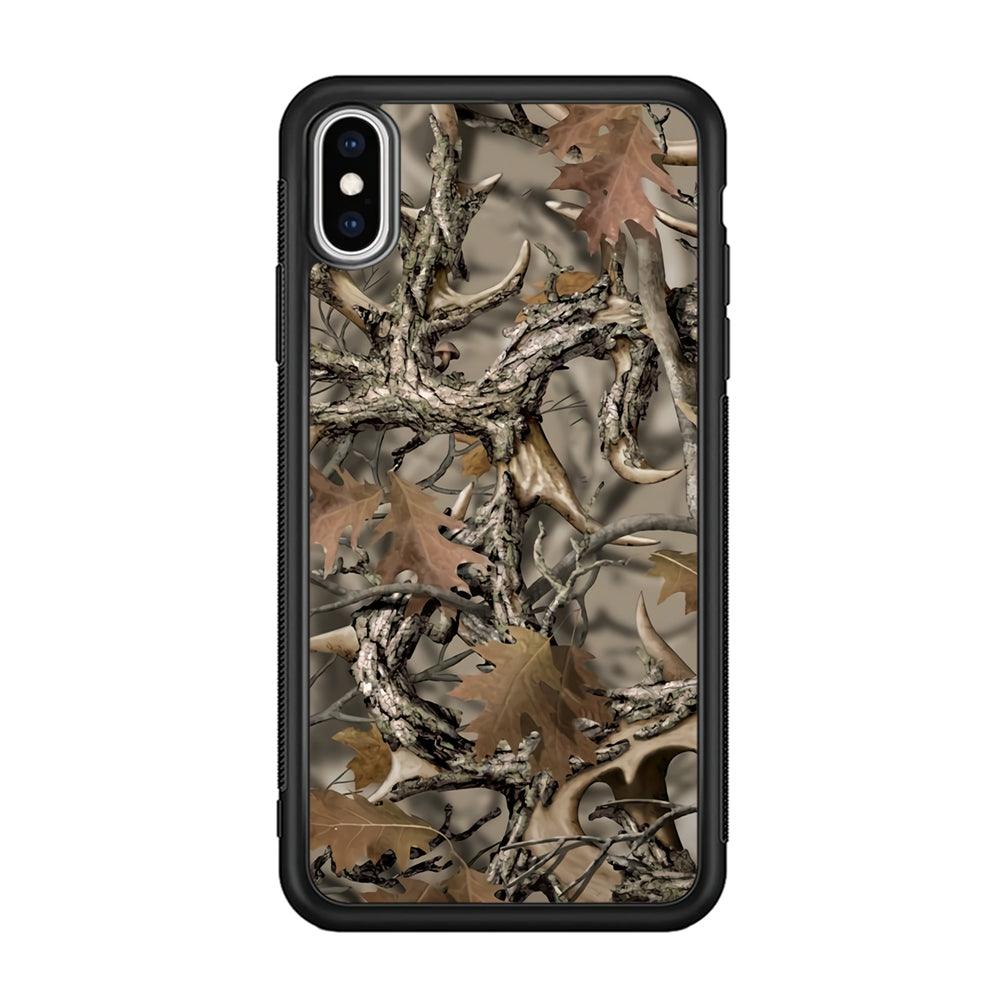 Camo Dry Leaves and Deer Horns iPhone XS Case-Rubber Black (2D Case)-Oxvistore
