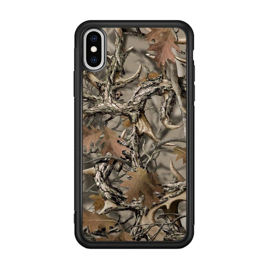 Camo Dry Leaves and Deer Horns iPhone XS Case-Rubber Black (2D Case)-Oxvistore