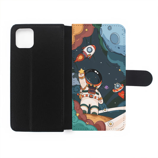 Cartoon Astronaut Holding Up a Star Flip Wallet Phone Case