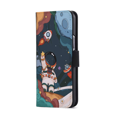 Cartoon Astronaut Holding Up a Star Flip Wallet Phone Case