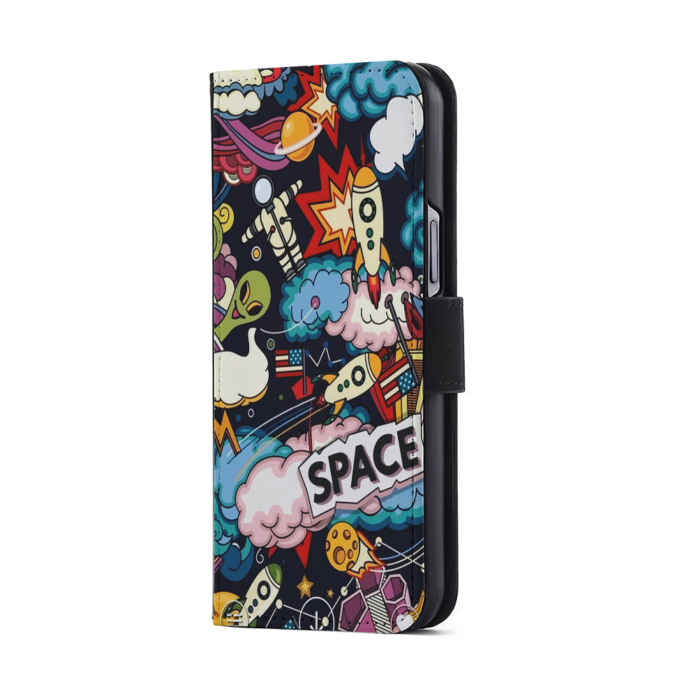 Cartoon Space Rockets Flip Wallet Phone Case