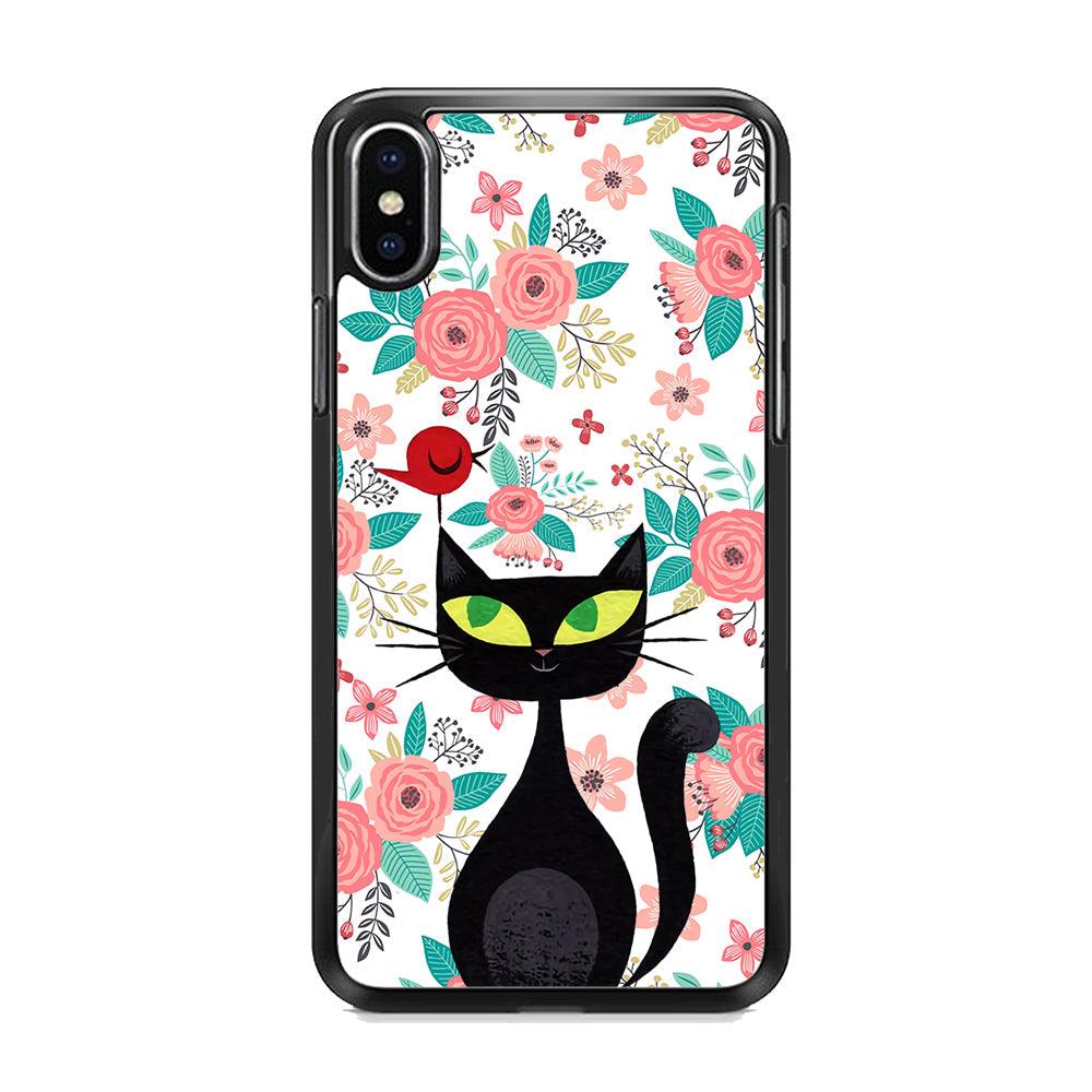 Cat, Flower and Bird iPhone XS Case-Rubber Black (2D Case)-Oxvistore