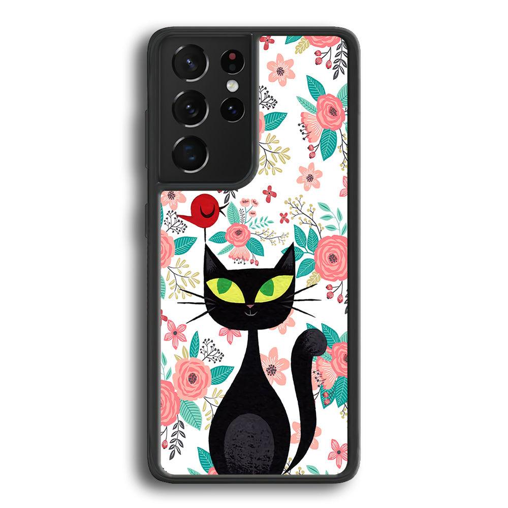 Cat, Flower and Bird Samsung Galaxy S23 Ultra Case-Rubber Black (2D Case)-Oxvistore