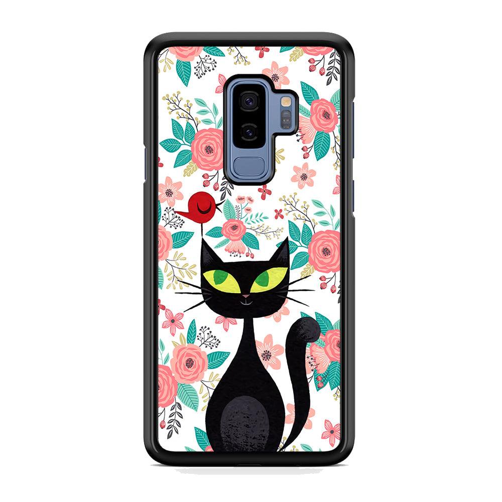 Cat, Flower and Bird Samsung Galaxy S9 Plus Case-Rubber Black (2D Case)-Oxvistore