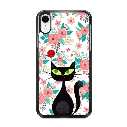 Cat, Flower and Bird iPhone XR Case-Rubber White (2D Case)-Oxvistore