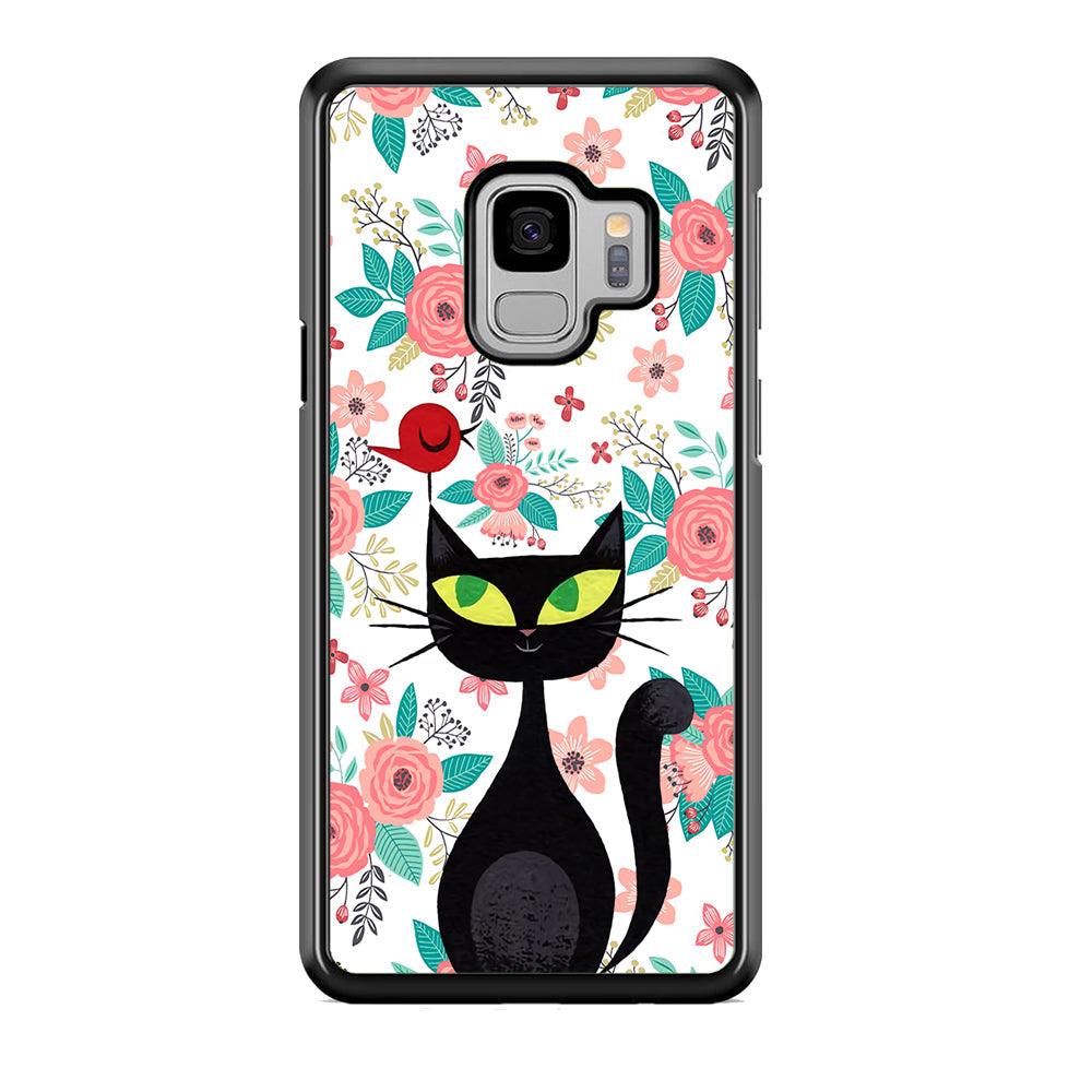 Cat, Flower and Bird Samsung Galaxy S9 Case-Rubber Black (2D Case)-Oxvistore