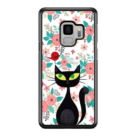 Cat, Flower and Bird Samsung Galaxy S9 Case-Rubber Black (2D Case)-Oxvistore