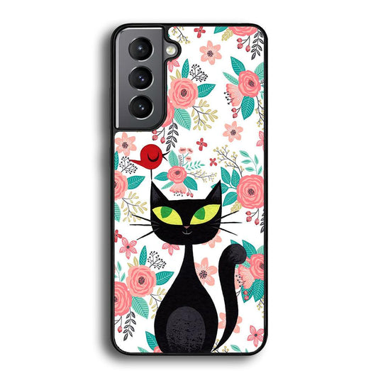 Cat, Flower and Bird Samsung Galaxy S22 Case-Rubber Black (2D Case)-Oxvistore