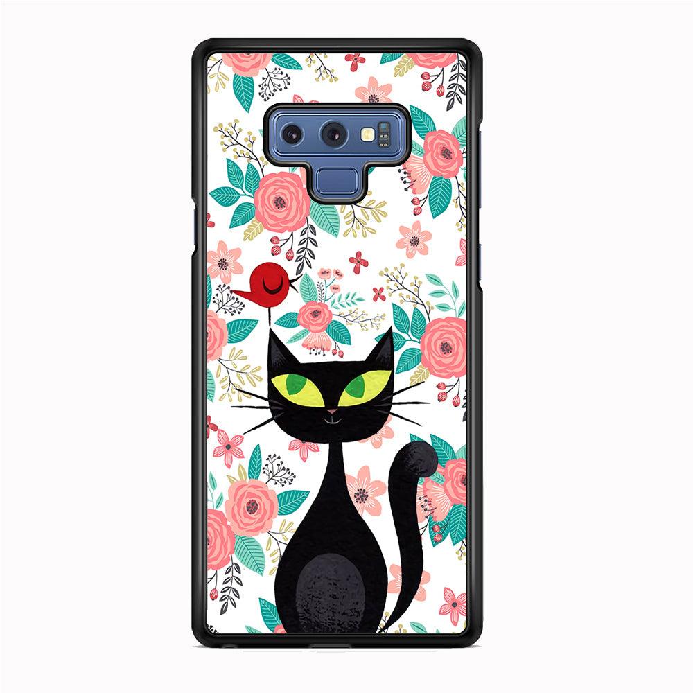 Cat, Flower and Bird Samsung Galaxy Note 9 Case-Rubber White (2D Case)-Oxvistore
