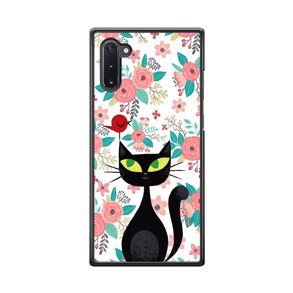 Cat, Flower and Bird Samsung Galaxy Note 10 Case-Rubber Black (2D Case)-Oxvistore