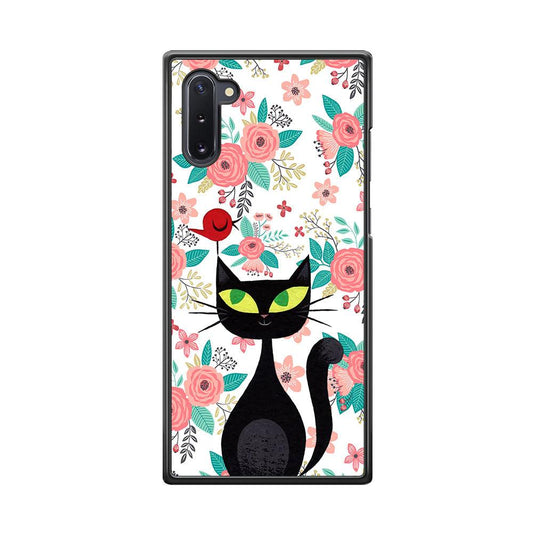 Cat, Flower and Bird Samsung Galaxy Note 10 Case-Rubber Black (2D Case)-Oxvistore