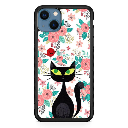 Cat, Flower and Bird iPhone 15 Case-Rubber White (2D Case)-Oxvistore