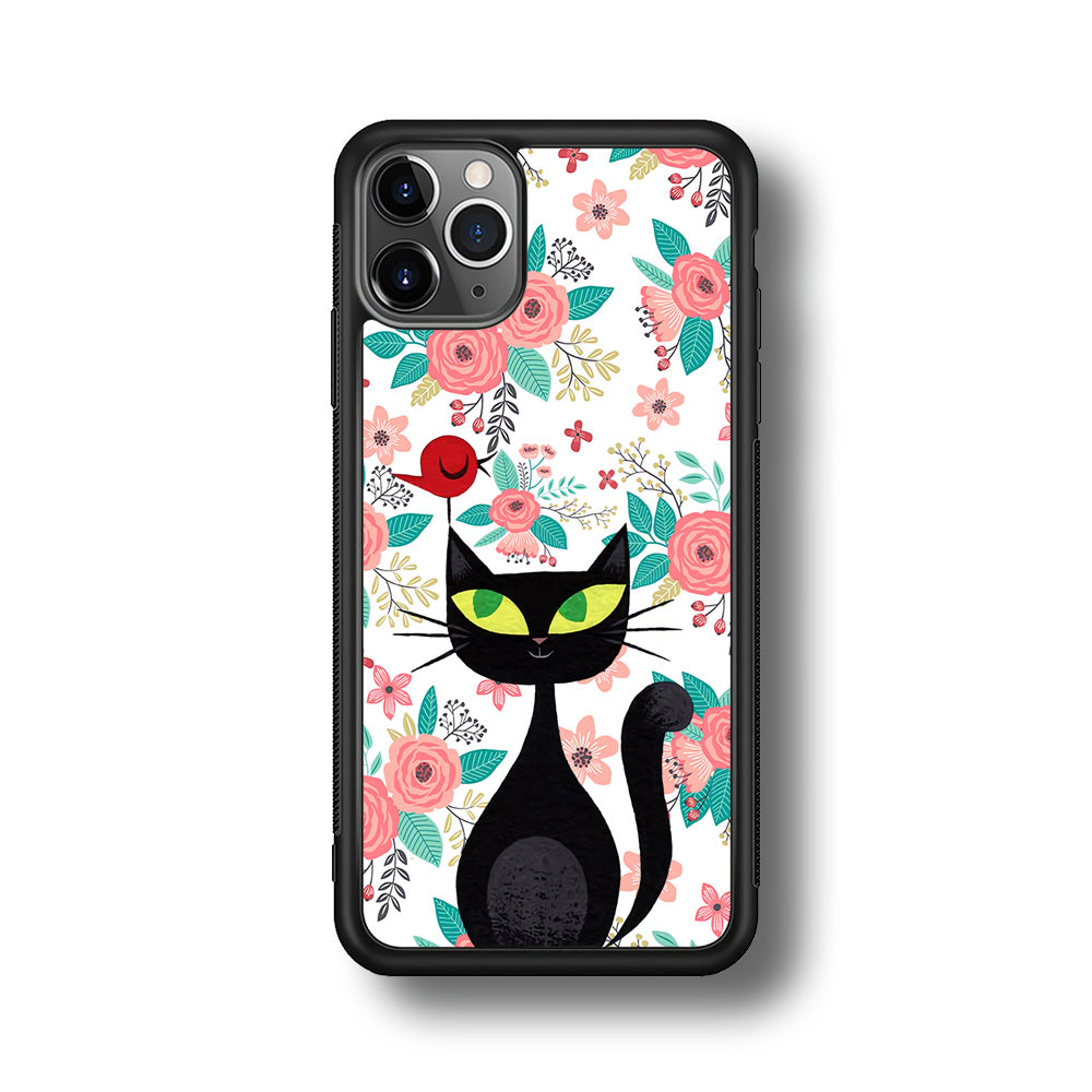 Cat, Flower and Bird iPhone 11 Pro Case-Rubber White (2D Case)-Oxvistore