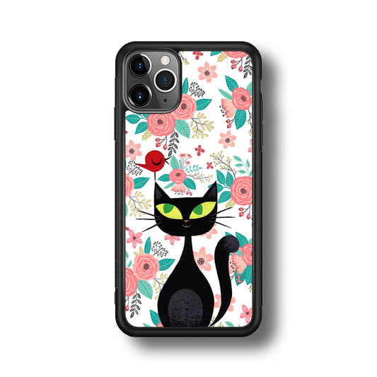 Cat, Flower and Bird iPhone 11 Pro Case-Rubber White (2D Case)-Oxvistore